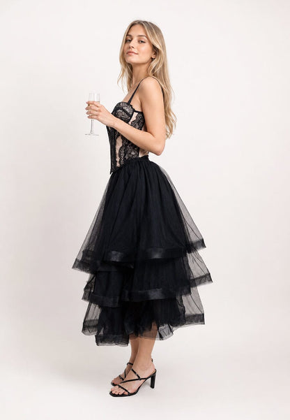 Mesh Skirt With Tiered Ruffle - - SKIRT