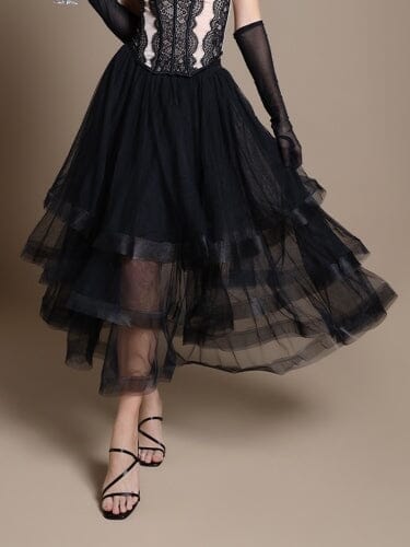 Mesh Skirt With Tiered Ruffle - BLACK - SKIRT