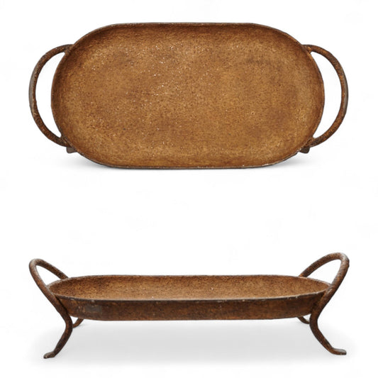 Rustic Metal Footed Tray with Handles - - tray