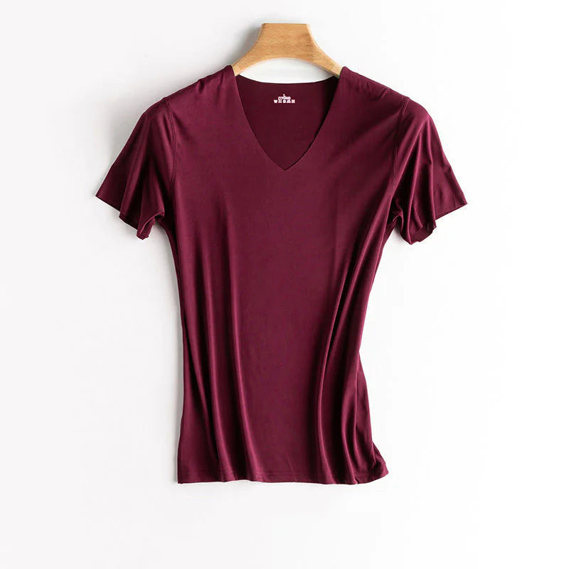 Ice Silk V-Neck T-Shirt - Red wine 4XL - Women's Fashion - Women's Clothing - Blouses & Shirts