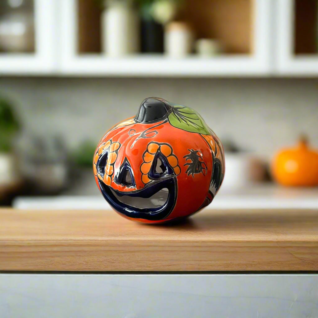 Mini Talavera Pumpkin Handmade Mexican Jack-O'-Lantern - - Talavera Statue