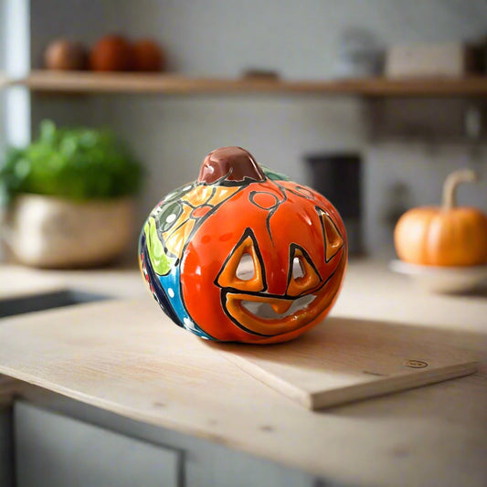 Mini Talavera Pumpkin Handmade Mexican Jack-O'-Lantern - - Talavera Statue