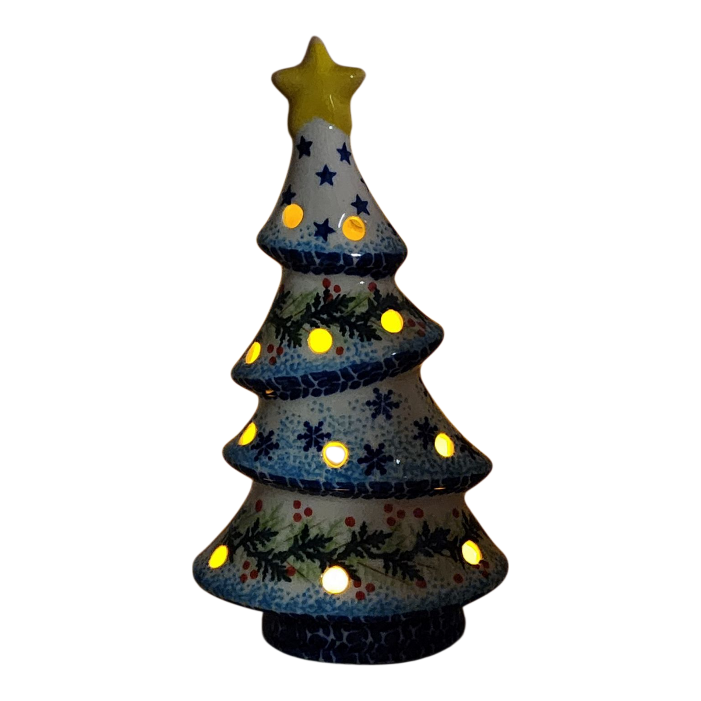 Polish Pottery Christmas Tree Luminary - Winter Wonderland Pattern - - Christmas >> Decor
