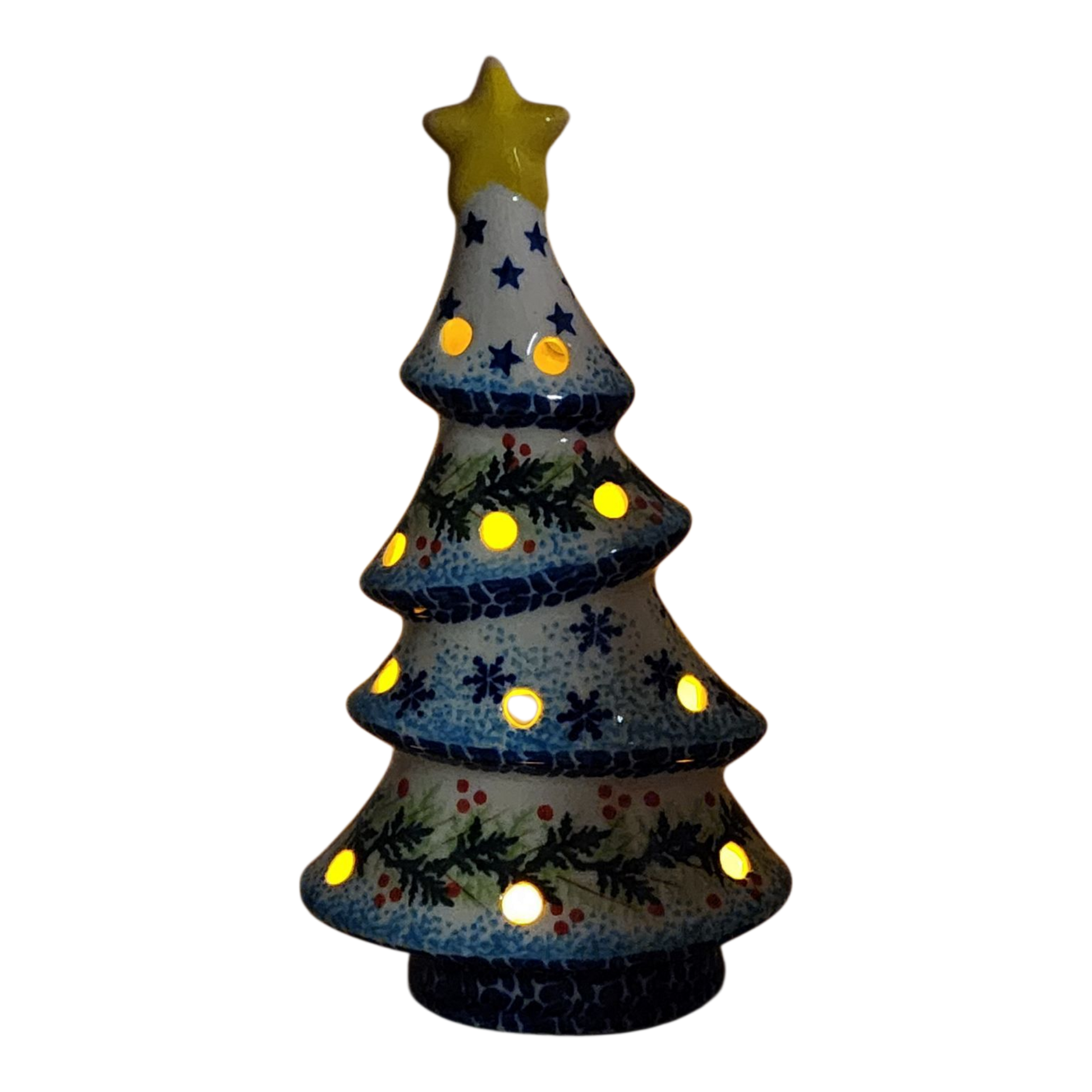 Polish Pottery Christmas Tree Luminary - Winter Wonderland Pattern - - Christmas >> Decor