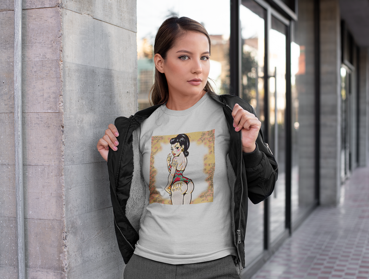 Bite Me Pin Up Slim Fit Graphic Tee - Heather Grey - Slim Fit Graphic Tee