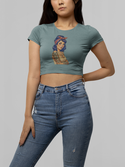 Vintage Beautiful Disaster Tattooed Pin Up Crop Top - Stonewash Green - Cropped Graphic Tee