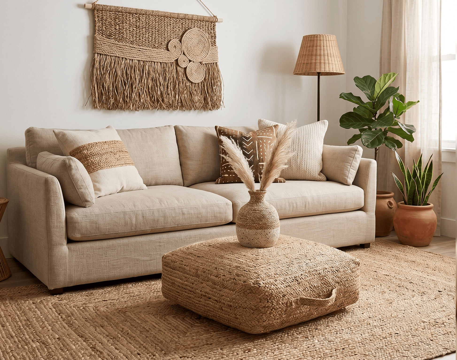 Modern Style Hand Braided Gold Jute Square Pouf - - Pouf