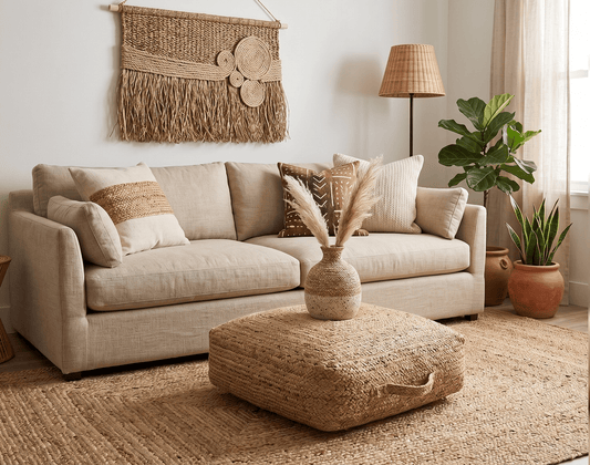 Modern Style Hand Braided Gold Jute Square Pouf - - Pouf