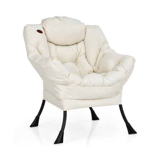 Modern Polyester Fabric Lazy Chair with Steel Frame and Side Pocket-Beige - - Home & Garden