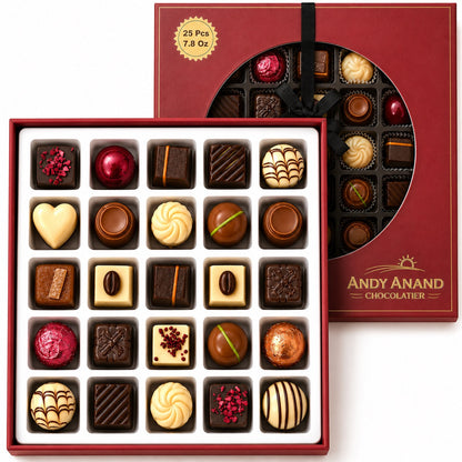 Andy Anand Premium Bon Bon Chocolate Collection, 25 pc – Truffles, Pralines, Pistachio Cream, Mint & Tiramisu, Birthday & Holiday Gift Box - - Food & Beverages > Desserts & Sweets > Chocolate