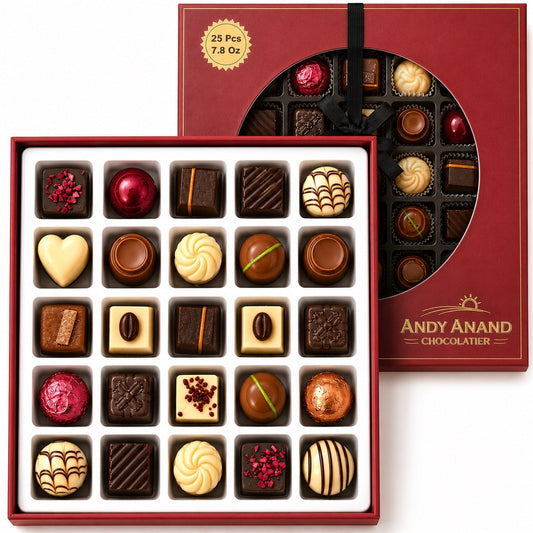 Andy Anand Premium Bon Bon Chocolate Collection, 25 pc – Truffles, Pralines, Pistachio Cream, Mint & Tiramisu, Birthday & Holiday Gift Box - - Food & Beverages > Desserts & Sweets > Chocolate