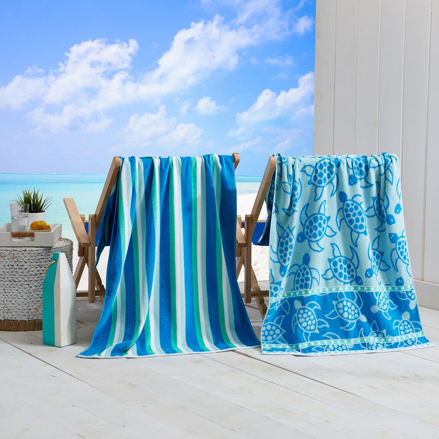 Cotton Velour Beach Towel - Maui Collection - 2 Pack- 30" x 60" Royal Blue Teal Turtle & Stripe - Beach Towels