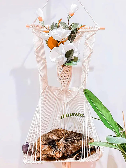KARCEEY Cat Hammock Macrame Hanging Cat Bedwith 2 Mat Hanging kit and Catnip ToysMacrame Wall Hanging Shelf (Beige) Kia Day Design