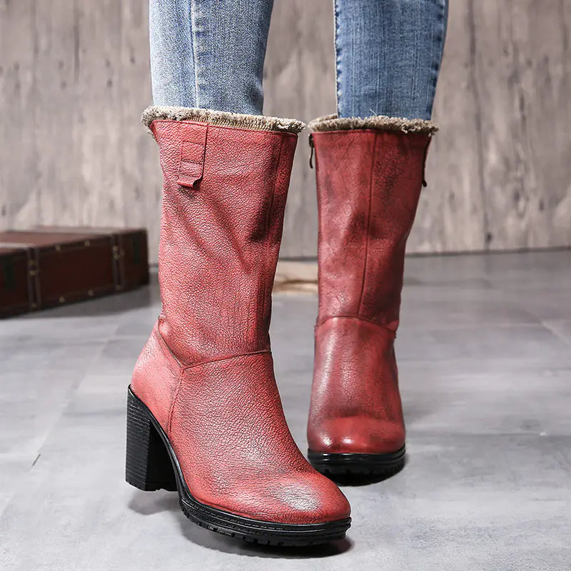 Winter Vintage Leather Mid-Calf Chunky Heeled Boots