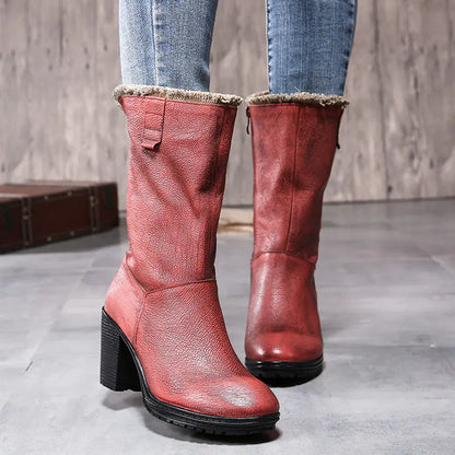 Winter Vintage Leather Mid-Calf Chunky Heeled Boots