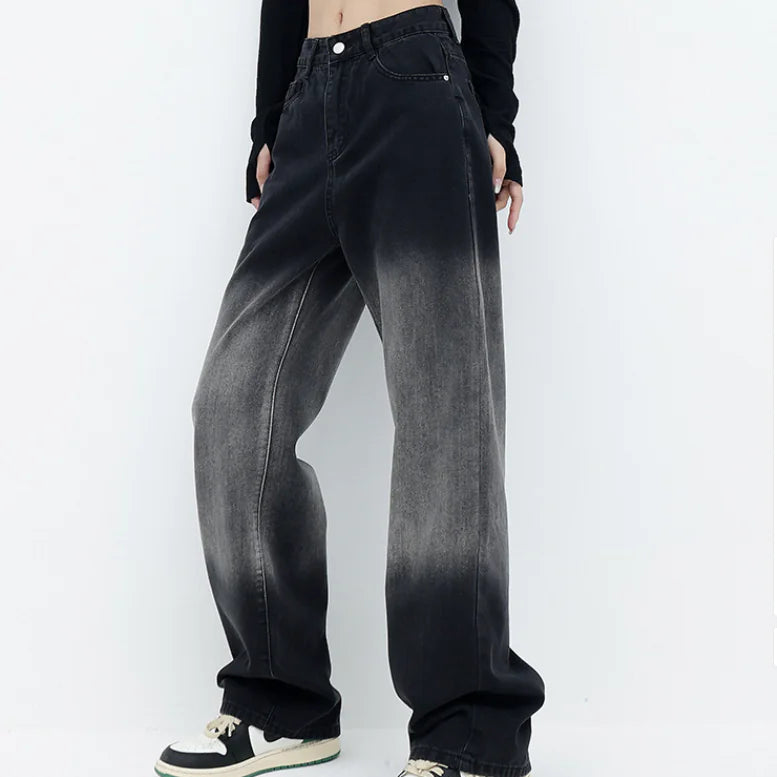 High Waist Black Washed Gradient Straight Leg Jeans - Kia Day Design