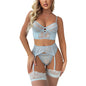 ssgrlvok Womens Sexy Lingerie with Waist Garter Embroidered Lace Flower Bra and G-String 4 Piece Lingerie Sets with Mesh Stockings YY1052 Light Blue L Kia Day Design