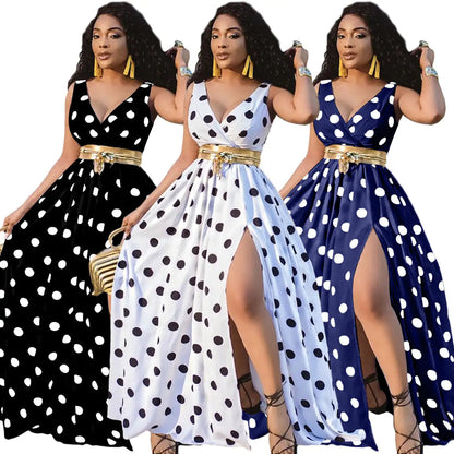 Polka Dot Sleeveless Slit Dress - - dress