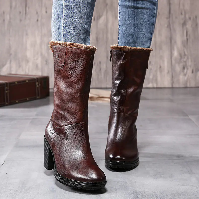 Winter Vintage Leather Mid-Calf Chunky Heeled Boots