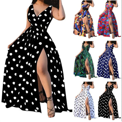 Polka Dot Sleeveless Slit Dress - - dress