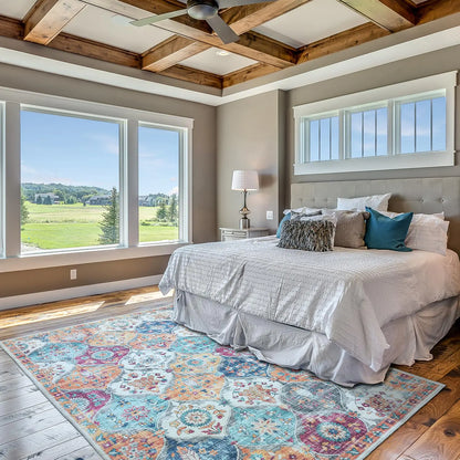 Light Blue Colorful Machine Washable Area Rug Polyester Rug - Kia Day Design