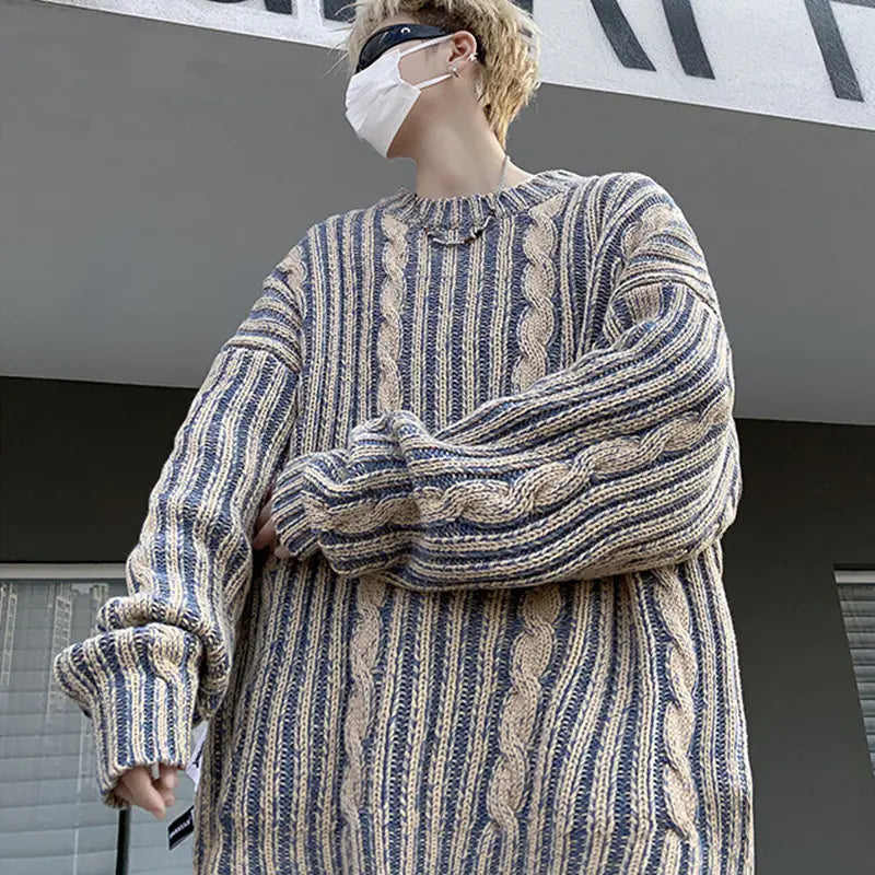 Retro Striped American Loose Fit Round Neck Sweater - Kia Day Design