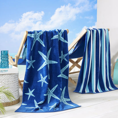 Cotton Velour Beach Towel - Maui Collection - 2 Pack- 30" x 60" Navy Royal Blue Starfish & Stripe - Beach Towels