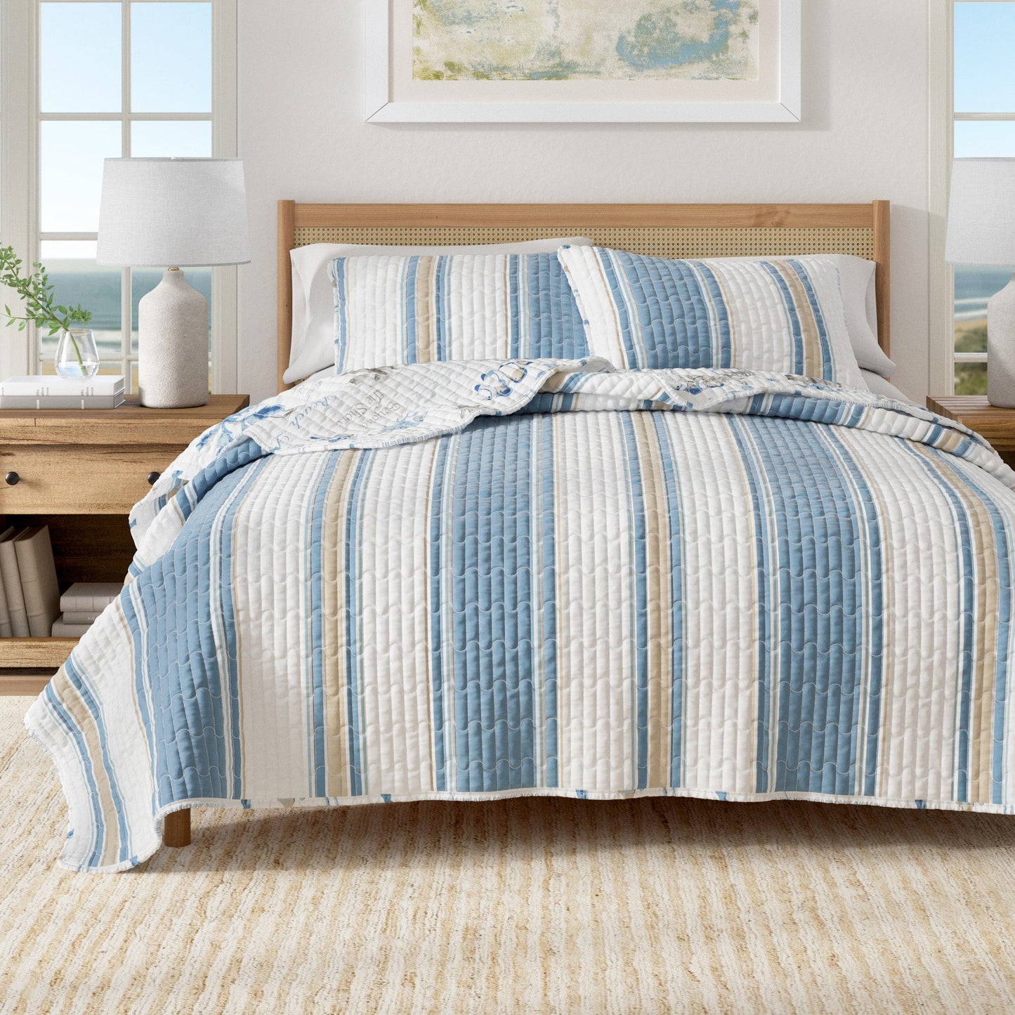 Stripe & Ocean Story Coastal Quilt Set - New Castle Collection - Flag Stripe Ocean Stories - Quilts & Comforters