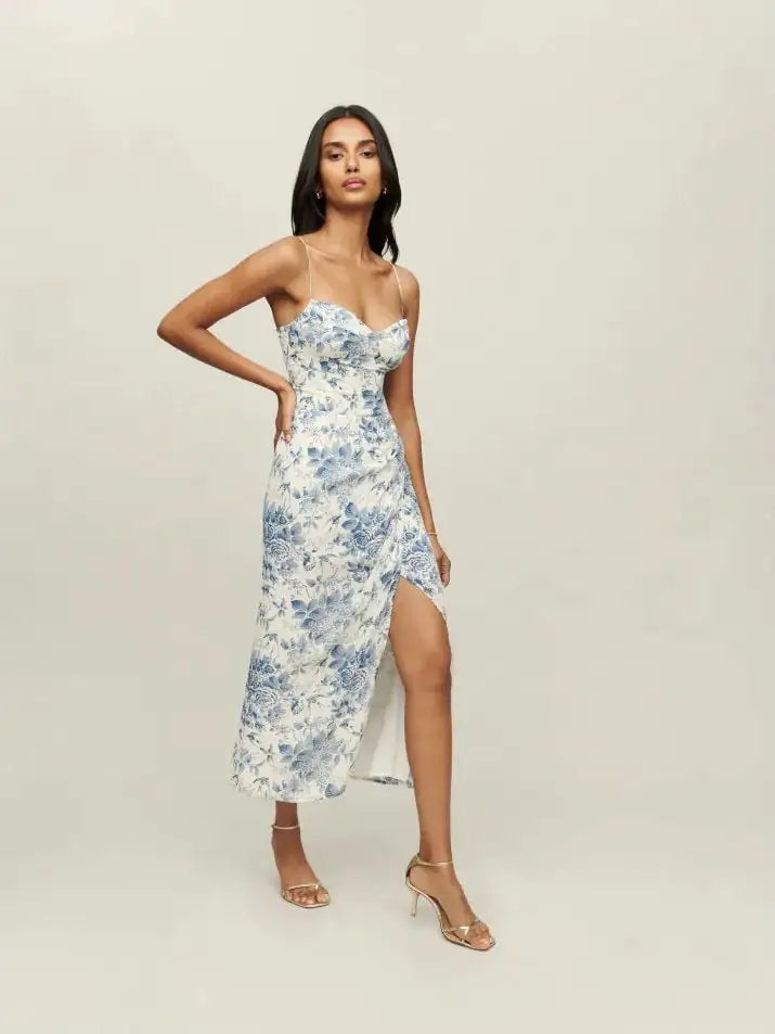 Blue Floral Silk Printed Women's Drawstring Slit Dress