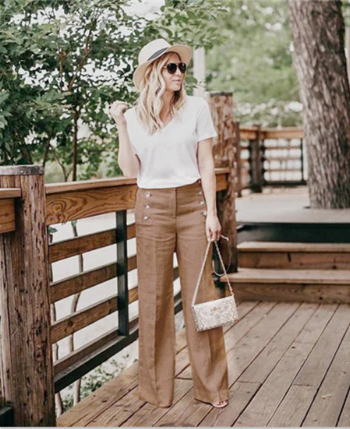 Women's High-Waisted Button Wide-Leg Pants - Khaki L - pants