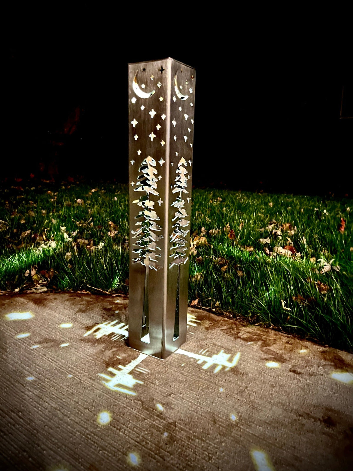 4-Sided Night Sky Pine Tree Solar Pillar - Steel - - Luminary