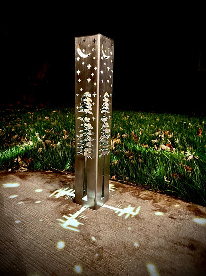 4-Sided Night Sky Pine Tree Solar Pillar - Steel - - Luminary