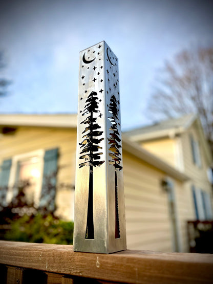 4-Sided Night Sky Pine Tree Solar Pillar - Steel - 16-inch Raw Steel - Luminary