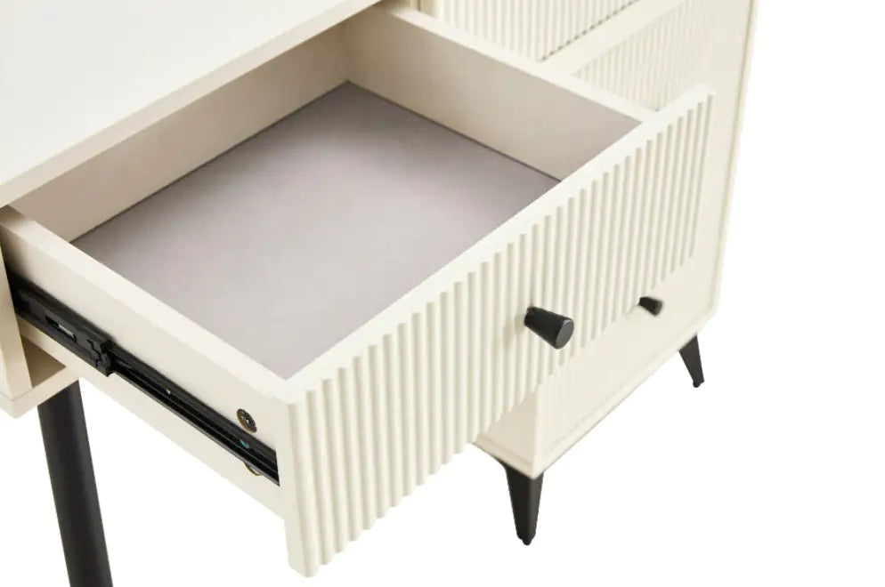 Fluted Makeup Vanity Desk With Round LED Mirror And Lights - - vanity