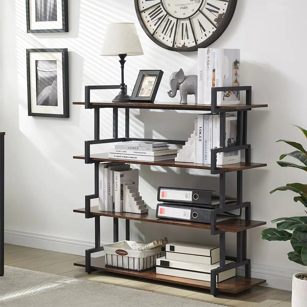 Industrial 4-tier Bookshelves, Metal And Wood Bookshelves, Open Widescreen Display Storage Bookshelves Kia Day Design