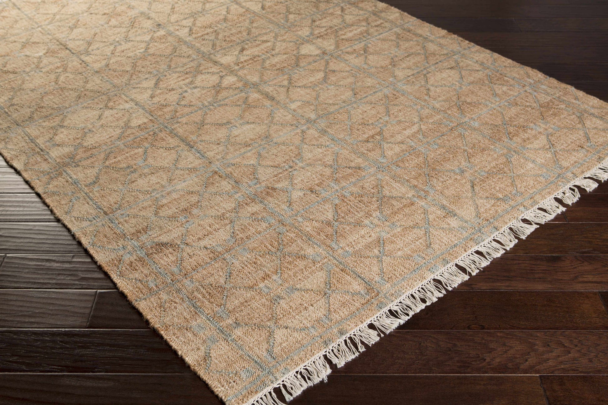Rice Dusty Sage Fringed Jute Carpet - - Rugs