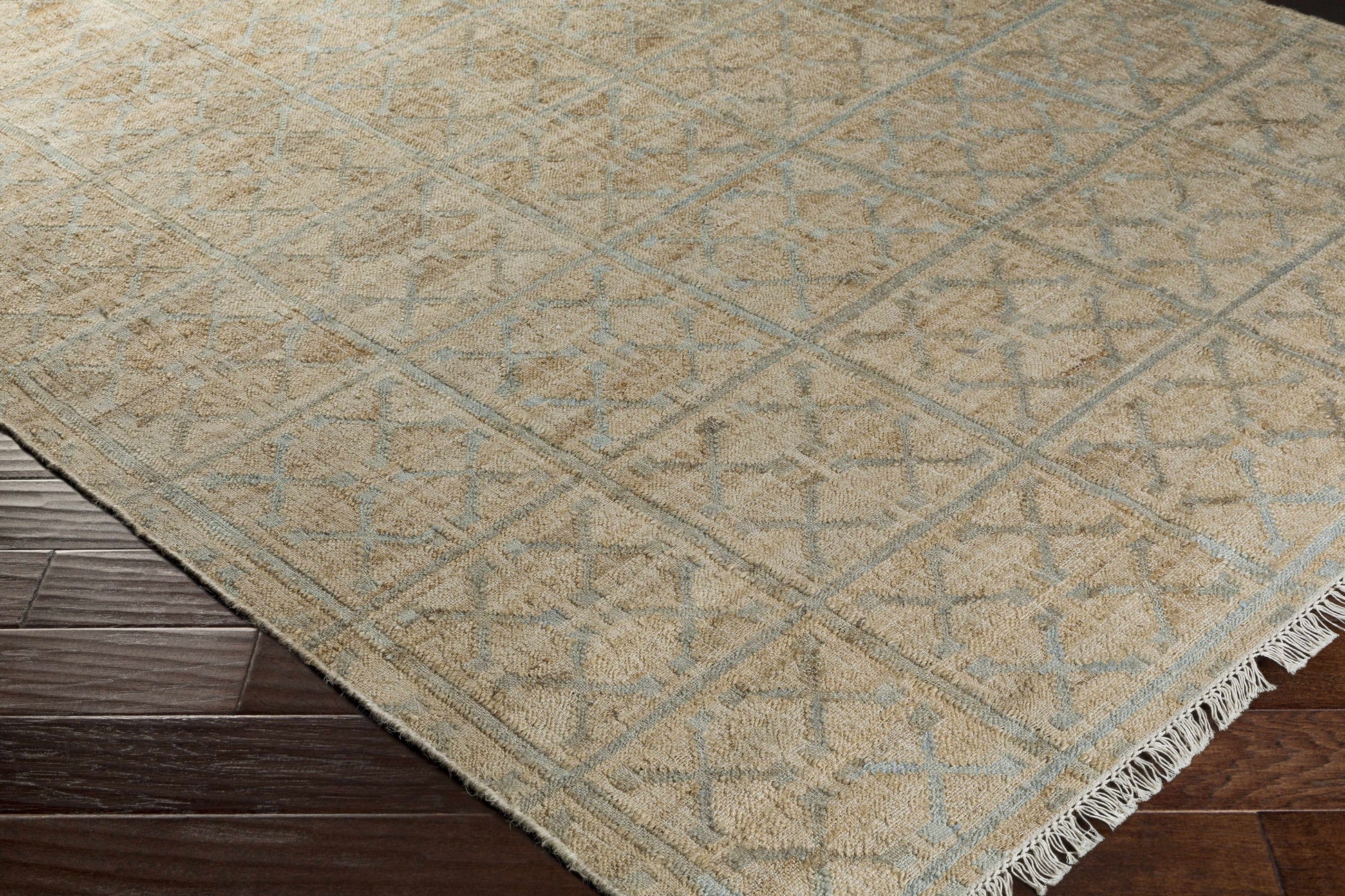 Rice Dusty Sage Fringed Jute Carpet - - Rugs