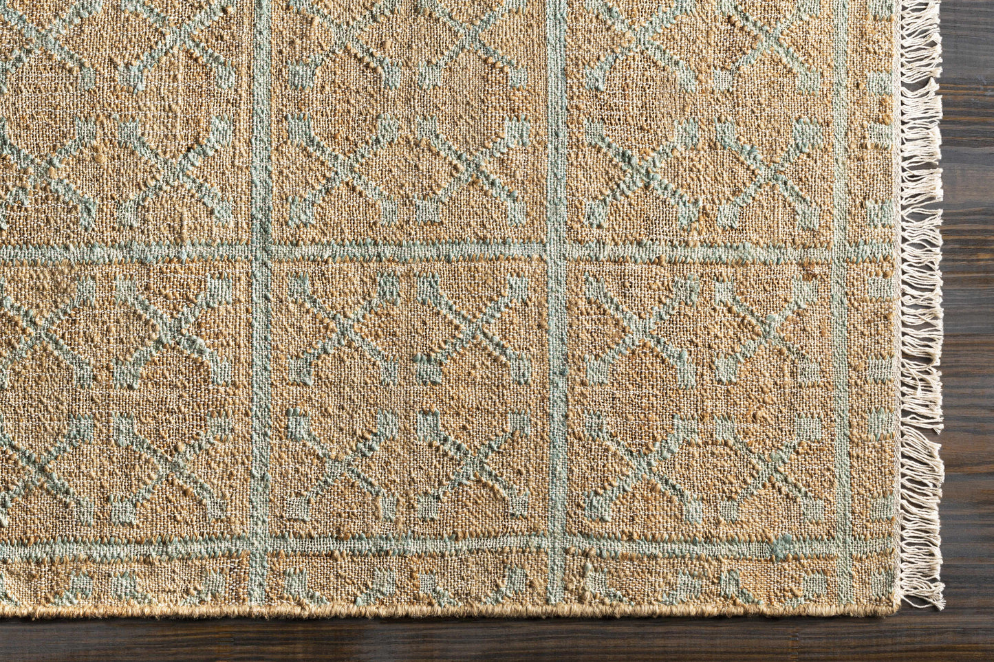 Rice Dusty Sage Fringed Jute Carpet - - Rugs