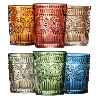 Beautiful Colored Tumbler Drinking Glasses | Set of 6 | Crystal 10oz - Vintage Drinking Cup Luxury Multi Color Glassware Gift Set Her Wife & Mom Him - Colorful Drinkware for Water Wine Cocktail Kia Day Design