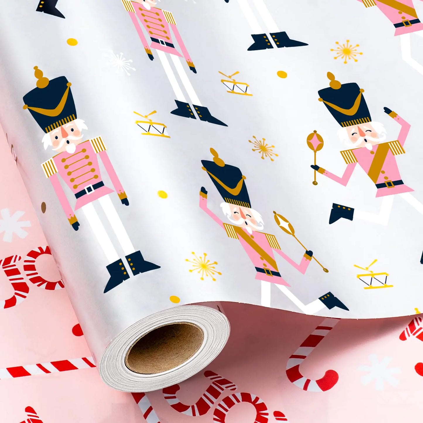Yarcony Pink Nutcracker Christmas Wrapping Paper Roll - 17 Inch X 33 Feet - Funny Reversible Pearly-Lustre Foil Gift Wrap Paper w/Candy Cane Design for Chrsitmas Holiday Party Theater Present Decor Kia Day Design
