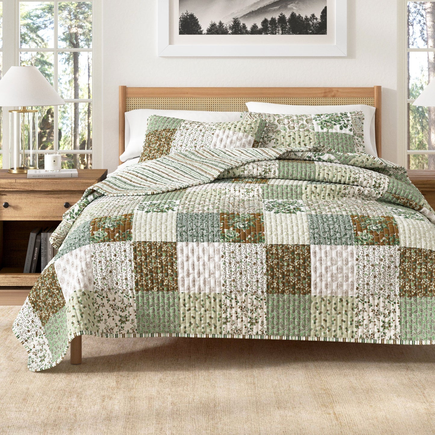 Floral Patchwork Quilt Set - Damia Collection - Floral Grid - Brown - Quilts & Comforters