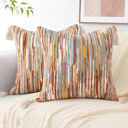 Set of 2 Striped Chenille Tufted Pillow Covers with Tassels Rust - - pillow cover