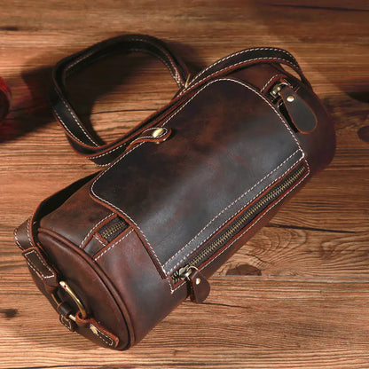 Retro Genuine Leather Round Barrel Messenger Bag