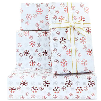 Snowflake Christmas Wrapping Paper Luxurious Aluminum Foil Shiny Simple Gift Wrap Paper Set of 4 sheets Paper and Gold Edged Ribbon Folded Flat 20x28 inches per sheet， Unique Xmas Decorative Paper Kia Day Design