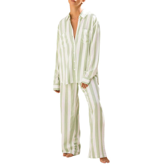 Argeousgor Women Y2k 2 Piece Pajamas Sets Striped Long Sleeve Button Down Shirt Top Straight Wide Leg Pants Lounge Outfits (Green XL) Kia Day Design