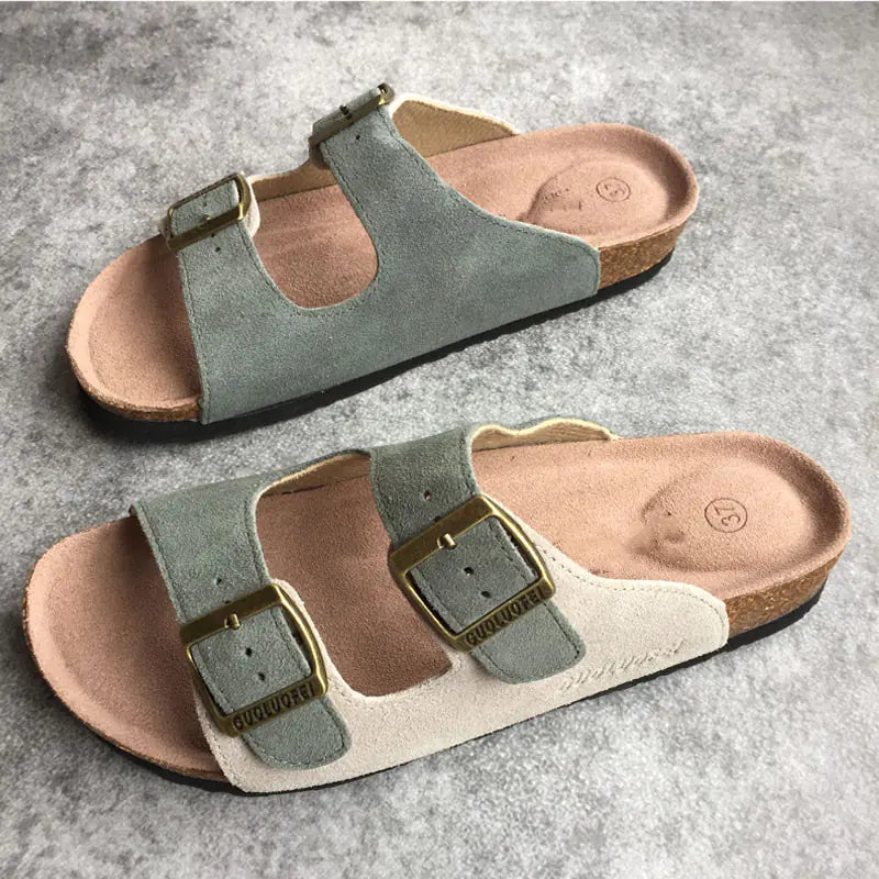 Genuine Leather Cork Sandals - Beige Dark Green 35 - sandals