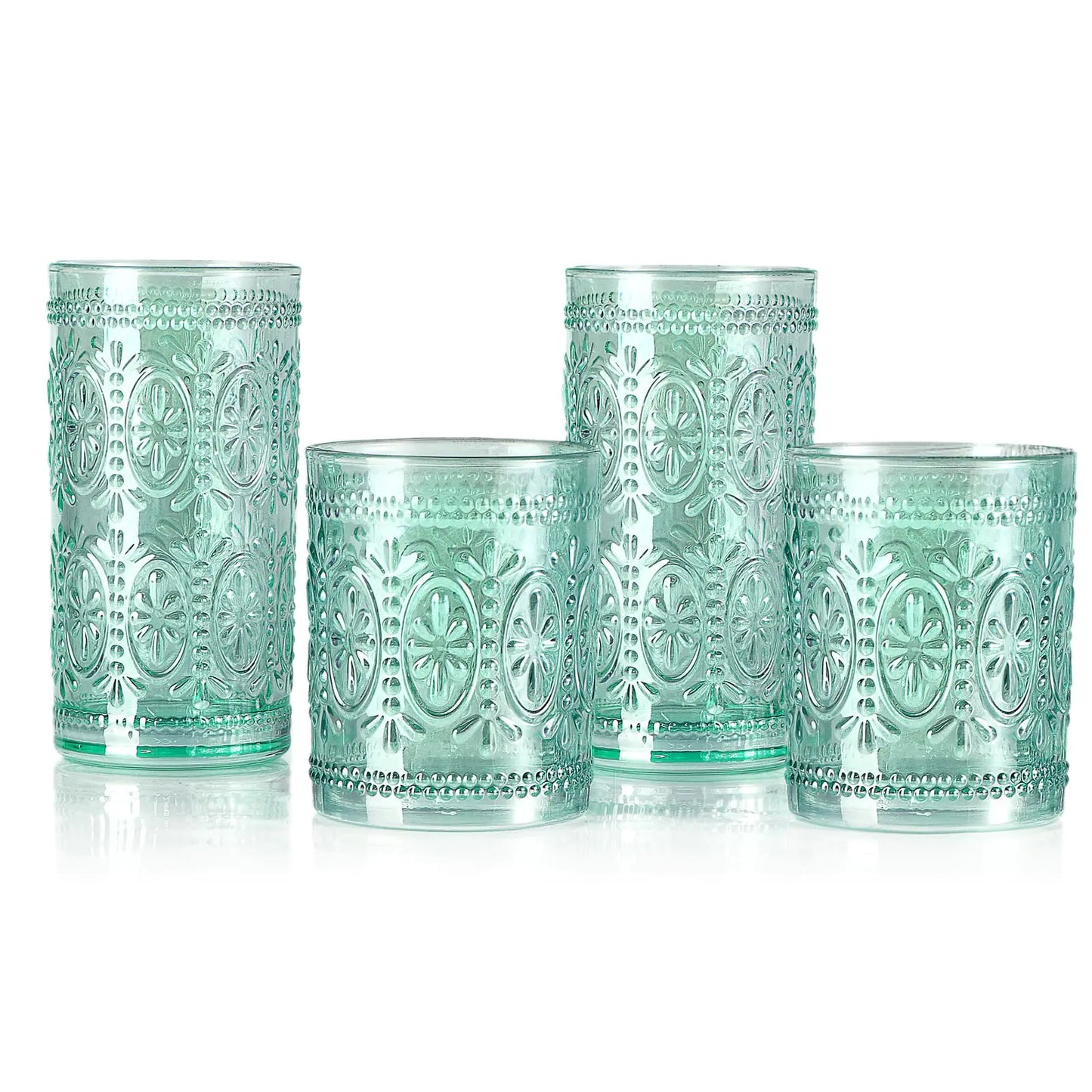 Green Glassware Set of 4 Vintage Drinking Glasses Colored Glassware Drinking Highball Embossed Beverage Glasses Cup for Party Wedding Home Office and Gift (2pcs12oz+2pcs10oz） Kia Day Design