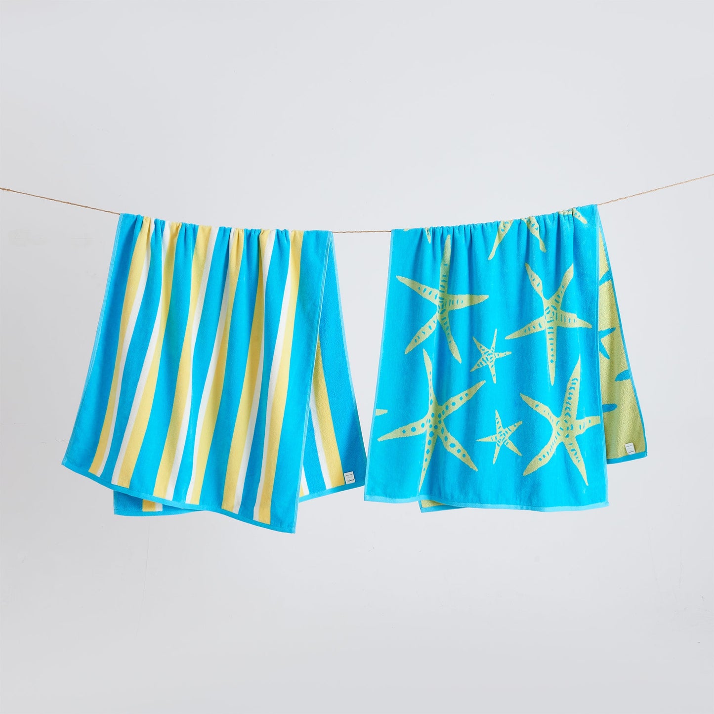 Cotton Velour Beach Towel - Maui Collection - 2 Pack- 30" x 60" Blue Yellow Starfish & Stripe - Beach Towels