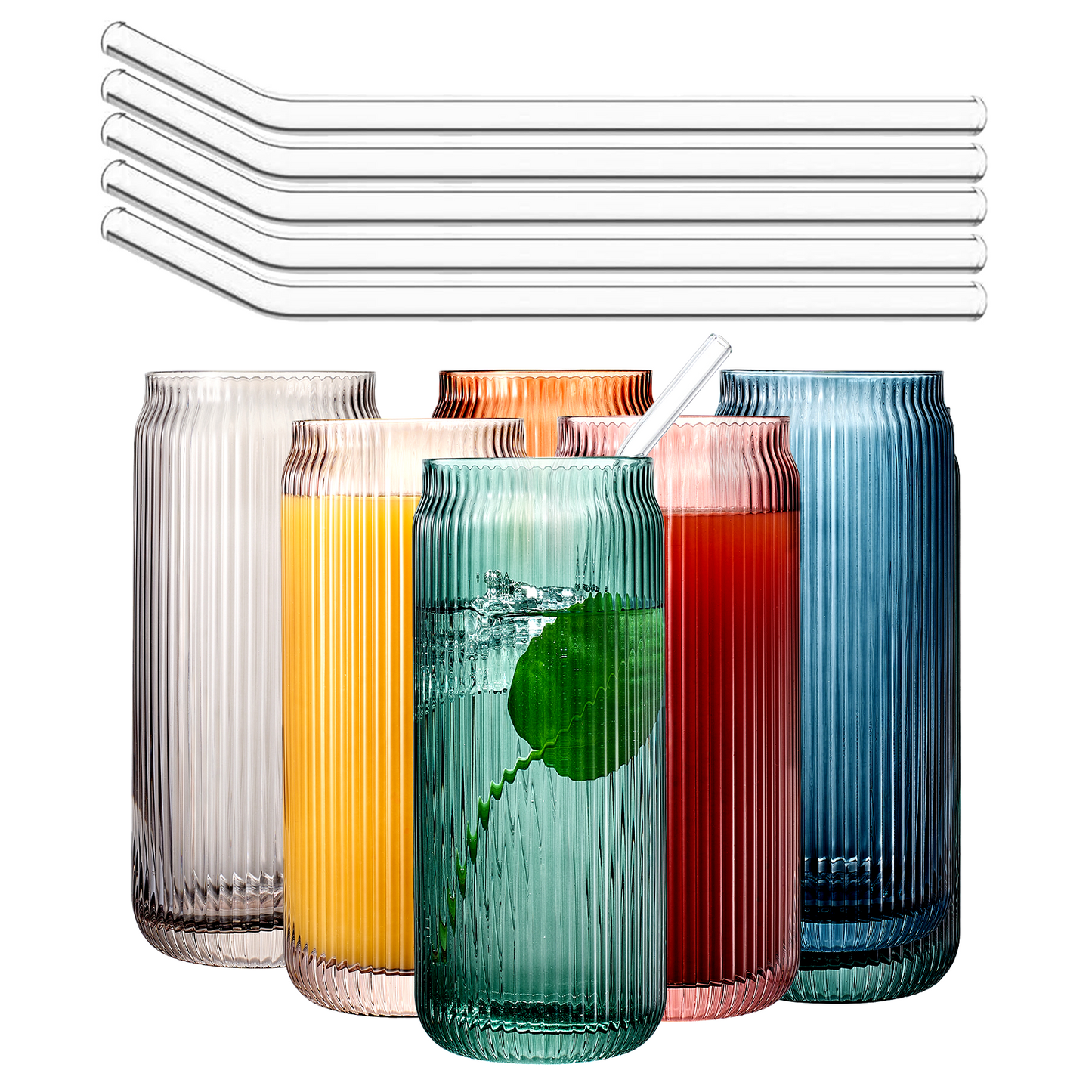 Tonal Ribbed Soda Can Highball Glassware & 6 Glass Straws, Set of 6 - - Highball