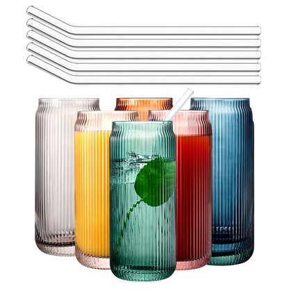 Tonal Ribbed Soda Can Highball Glassware & 6 Glass Straws, Set of 6 - - Highball
